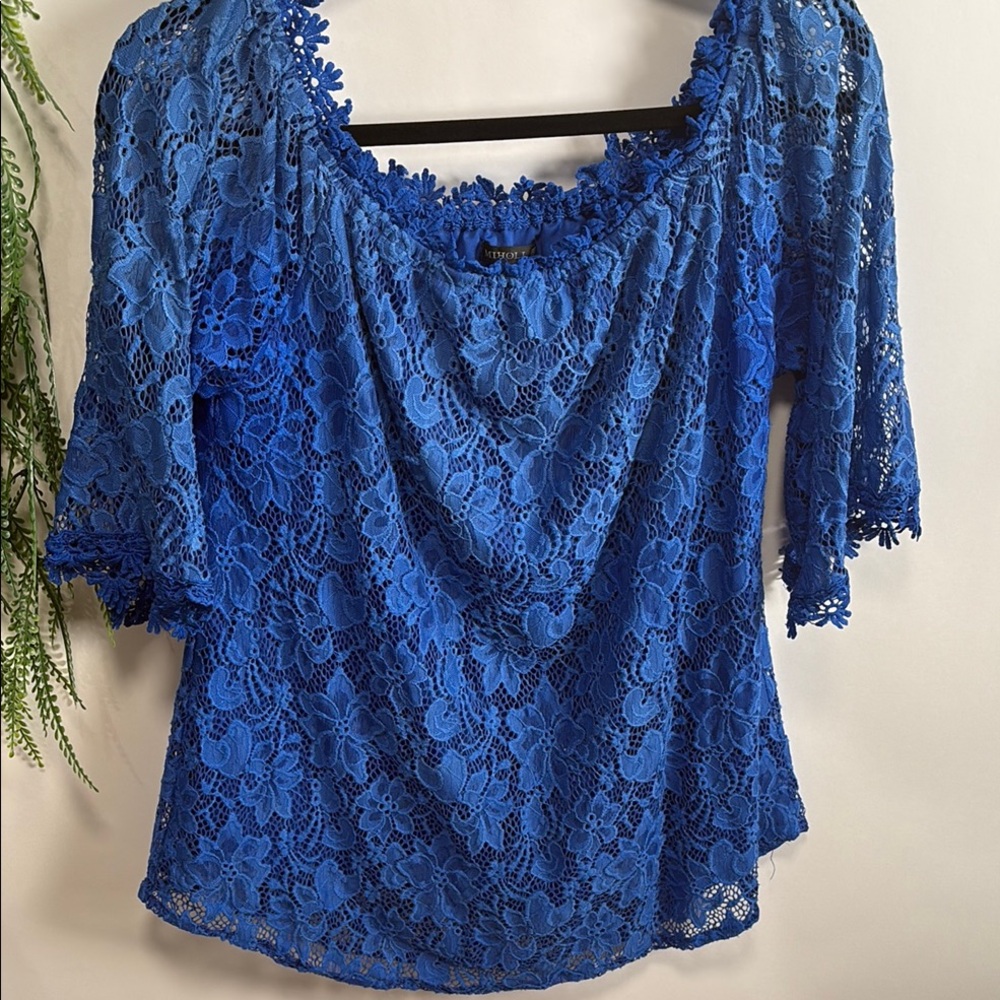 Cobalt Blue Lace Blouse with Bell Sleeves and Ruffled Accents